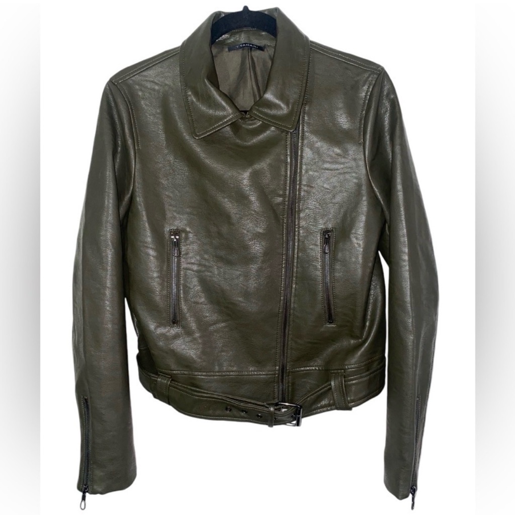 T Tahari Olive Green Moto Jacket Faux Leather M Nwt